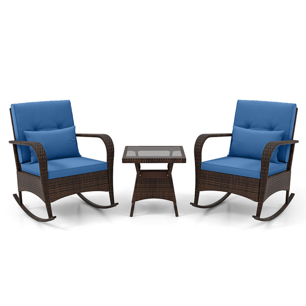 Ergonomic chairs with curved armrests for more comfort<br>Anti-slip mats and bottom stoppers for safe rocking<br>High-quality PE rattan enhances durability and style<br>Cozy cushions feature easy-to-clean zippered covers<br>Elastic lumbar pillows offer ad