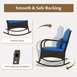 Ergonomic chairs with curved armrests for more comfort<br>Anti-slip mats and bottom stoppers for safe rocking<br>High-quality PE rattan enhances durability and style<br>Cozy cushions feature easy-to-clean zippered covers<br>Elastic lumbar pillows offer ad