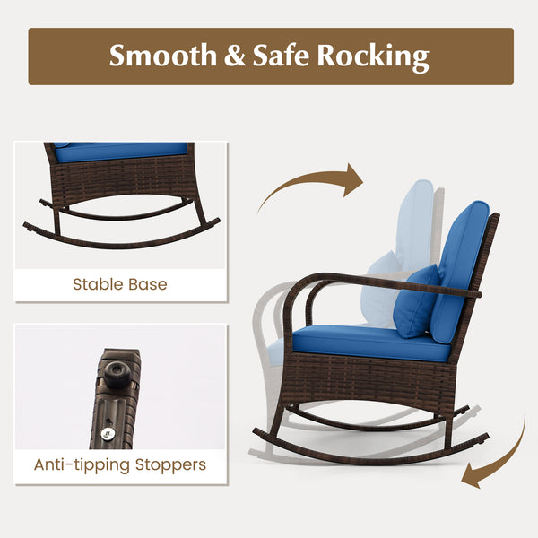 Ergonomic chairs with curved armrests for more comfort<br>Anti-slip mats and bottom stoppers for safe rocking<br>High-quality PE rattan enhances durability and style<br>Cozy cushions feature easy-to-clean zippered covers<br>Elastic lumbar pillows offer ad