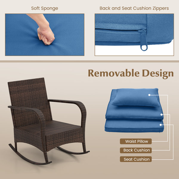 Ergonomic chairs with curved armrests for more comfort<br>Anti-slip mats and bottom stoppers for safe rocking<br>High-quality PE rattan enhances durability and style<br>Cozy cushions feature easy-to-clean zippered covers<br>Elastic lumbar pillows offer ad