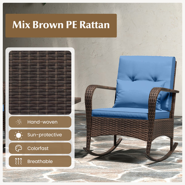 Ergonomic chairs with curved armrests for more comfort<br>Anti-slip mats and bottom stoppers for safe rocking<br>High-quality PE rattan enhances durability and style<br>Cozy cushions feature easy-to-clean zippered covers<br>Elastic lumbar pillows offer ad