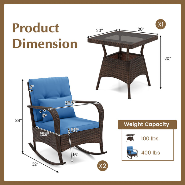 Ergonomic chairs with curved armrests for more comfort<br>Anti-slip mats and bottom stoppers for safe rocking<br>High-quality PE rattan enhances durability and style<br>Cozy cushions feature easy-to-clean zippered covers<br>Elastic lumbar pillows offer ad