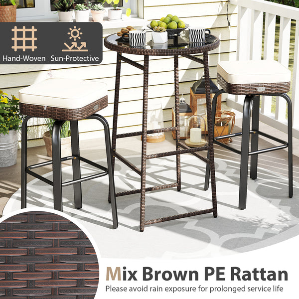 Hand-woven and sun-proof PE rattan for long-lasting use<br>360Â° swivel seats allow you to turn in any direction as needed<br>Sponge-filled cushions offer you an extra layer of comfort<br>Convenient zippers for removal and washing of cushion covers<br>Tog