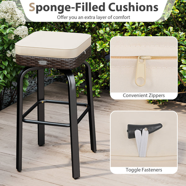 Hand-woven and sun-proof PE rattan for long-lasting use<br>360Â° swivel seats allow you to turn in any direction as needed<br>Sponge-filled cushions offer you an extra layer of comfort<br>Convenient zippers for removal and washing of cushion covers<br>Tog