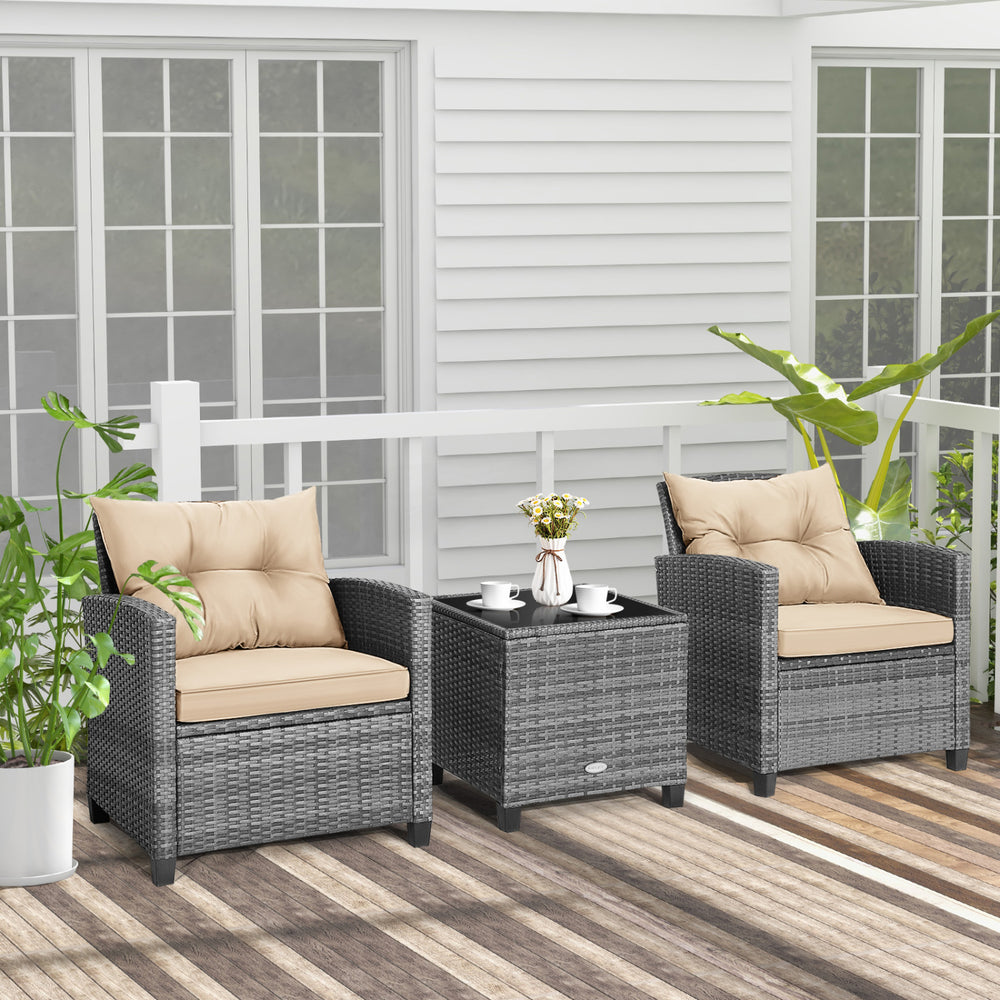 Including 1 table  2 chairs  2 seat cushions  2 back cushions and 1 Instruction<br>Please always keep cushions dry and avoid rain exposure<br>Soft seat and back cushions offer you more comfort<br>Zippered design makes the seat cushion cover easy to remove