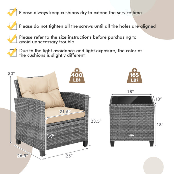 Including 1 table  2 chairs  2 seat cushions  2 back cushions and 1 Instruction<br>Please always keep cushions dry and avoid rain exposure<br>Soft seat and back cushions offer you more comfort<br>Zippered design makes the seat cushion cover easy to remove