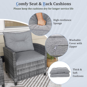 Including 1 table  2 chairs  2 seat cushions  2 back cushions and 1 Instruction<br>Please always keep cushions dry and avoid rain exposure<br>Soft seat and back cushions offer you more comfort<br>Zippered design makes the seat cushion cover easy to remove