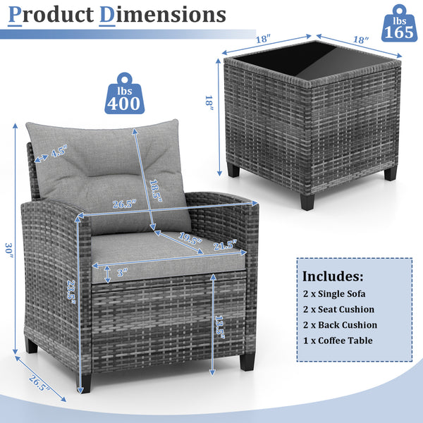 Including 1 table  2 chairs  2 seat cushions  2 back cushions and 1 Instruction<br>Please always keep cushions dry and avoid rain exposure<br>Soft seat and back cushions offer you more comfort<br>Zippered design makes the seat cushion cover easy to remove