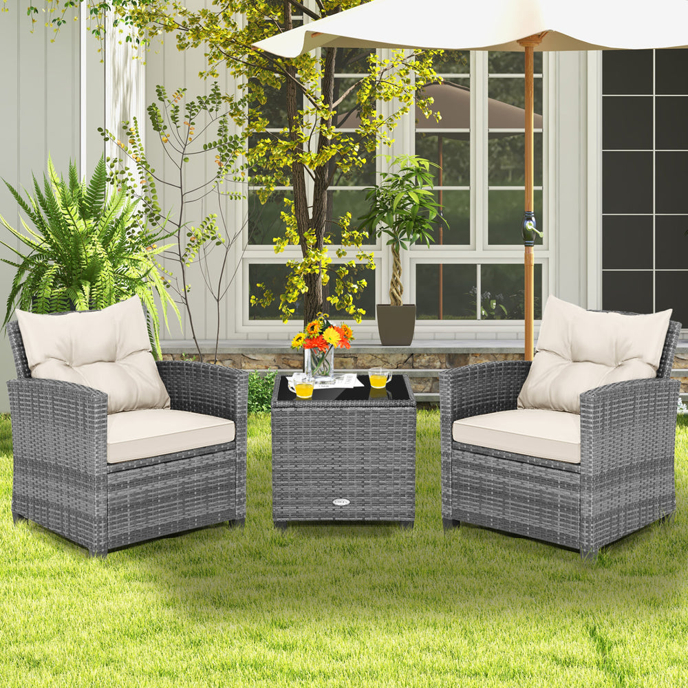 Including 1 table  2 chairs  2 seat cushions  2 back cushions and 1 Instruction<br>Please always keep cushions dry and avoid rain exposure<br>Soft seat and back cushions offer you more comfort<br>Zippered design makes the seat cushion cover easy to remove