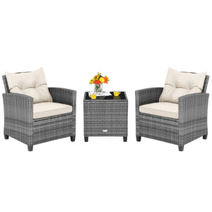 Including 1 table  2 chairs  2 seat cushions  2 back cushions and 1 Instruction<br>Please always keep cushions dry and avoid rain exposure<br>Soft seat and back cushions offer you more comfort<br>Zippered design makes the seat cushion cover easy to remove