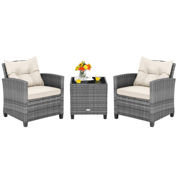 Including 1 table  2 chairs  2 seat cushions  2 back cushions and 1 Instruction<br>Please always keep cushions dry and avoid rain exposure<br>Soft seat and back cushions offer you more comfort<br>Zippered design makes the seat cushion cover easy to remove