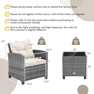 Including 1 table  2 chairs  2 seat cushions  2 back cushions and 1 Instruction<br>Please always keep cushions dry and avoid rain exposure<br>Soft seat and back cushions offer you more comfort<br>Zippered design makes the seat cushion cover easy to remove