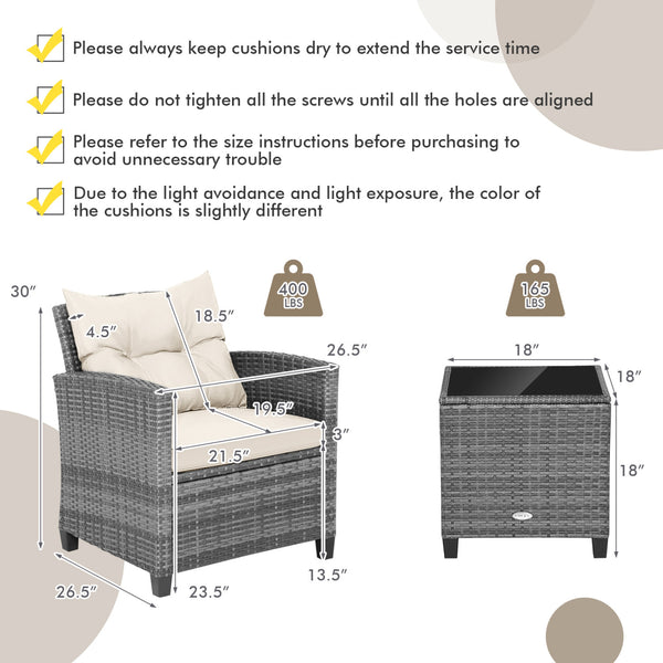 Including 1 table  2 chairs  2 seat cushions  2 back cushions and 1 Instruction<br>Please always keep cushions dry and avoid rain exposure<br>Soft seat and back cushions offer you more comfort<br>Zippered design makes the seat cushion cover easy to remove
