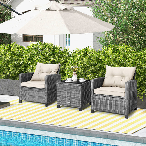 Including 1 table  2 chairs  2 seat cushions  2 back cushions and 1 Instruction<br>Please always keep cushions dry and avoid rain exposure<br>Soft seat and back cushions offer you more comfort<br>Zippered design makes the seat cushion cover easy to remove