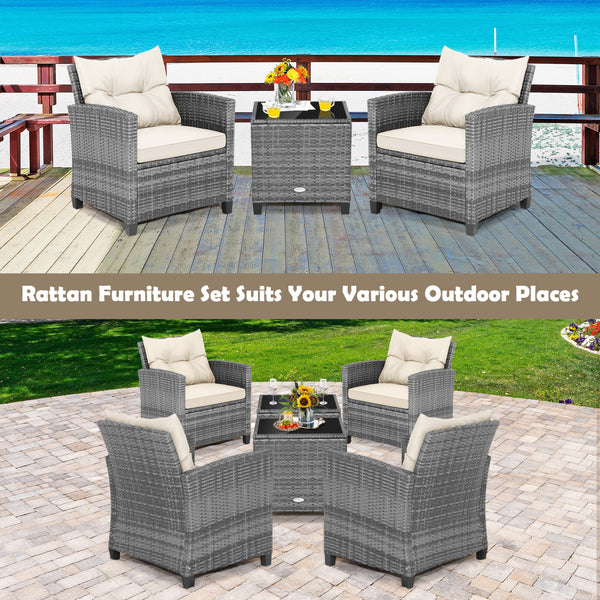 Including 1 table  2 chairs  2 seat cushions  2 back cushions and 1 Instruction<br>Please always keep cushions dry and avoid rain exposure<br>Soft seat and back cushions offer you more comfort<br>Zippered design makes the seat cushion cover easy to remove