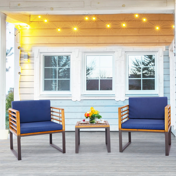 Endow the bistro set with higher stability with solid acacia wood<br>Show you better outdoor performance with rustproof metal frame<br>Reinforced crossbar for enhanced stability<br>High-density fillings for comfortable sitting experience<br>Keep cushions 