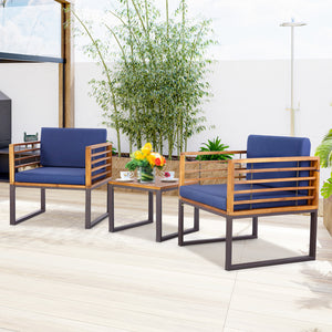 Endow the bistro set with higher stability with solid acacia wood<br>Show you better outdoor performance with rustproof metal frame<br>Reinforced crossbar for enhanced stability<br>High-density fillings for comfortable sitting experience<br>Keep cushions 