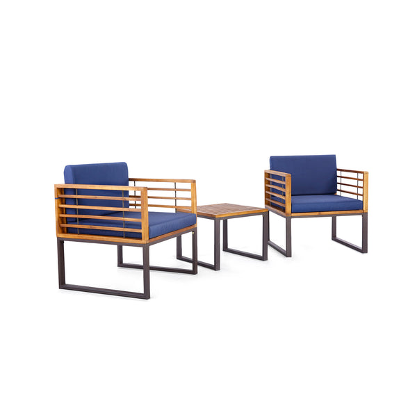 Endow the bistro set with higher stability with solid acacia wood<br>Show you better outdoor performance with rustproof metal frame<br>Reinforced crossbar for enhanced stability<br>High-density fillings for comfortable sitting experience<br>Keep cushions 