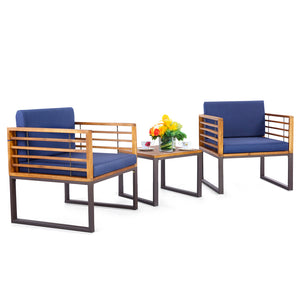 Endow the bistro set with higher stability with solid acacia wood<br>Show you better outdoor performance with rustproof metal frame<br>Reinforced crossbar for enhanced stability<br>High-density fillings for comfortable sitting experience<br>Keep cushions 