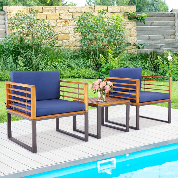 Endow the bistro set with higher stability with solid acacia wood<br>Show you better outdoor performance with rustproof metal frame<br>Reinforced crossbar for enhanced stability<br>High-density fillings for comfortable sitting experience<br>Keep cushions 