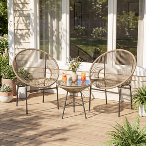Constructed with sturdy steel pipe featuring high solidness and stability while also being waterproof <br>Made of high-quality plastic rope which has excellent weather resistance and is suitable for outdoor use <br>Chairs with ergonomic backrest for ultra