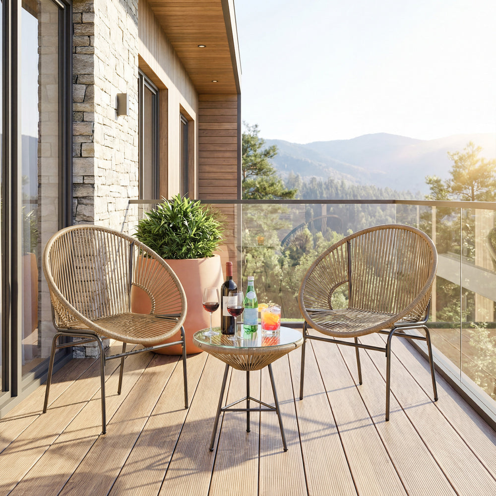 Constructed with sturdy steel pipe featuring high solidness and stability while also being waterproof <br>Made of high-quality plastic rope which has excellent weather resistance and is suitable for outdoor use <br>Chairs with ergonomic backrest for ultra