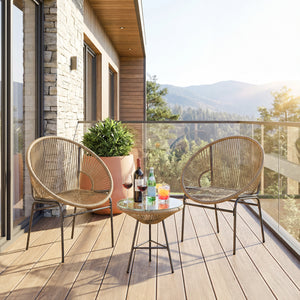 Constructed with sturdy steel pipe featuring high solidness and stability while also being waterproof <br>Made of high-quality plastic rope which has excellent weather resistance and is suitable for outdoor use <br>Chairs with ergonomic backrest for ultra
