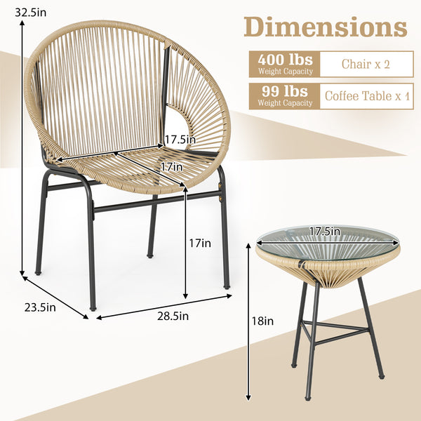 Constructed with sturdy steel pipe featuring high solidness and stability while also being waterproof <br>Made of high-quality plastic rope which has excellent weather resistance and is suitable for outdoor use <br>Chairs with ergonomic backrest for ultra
