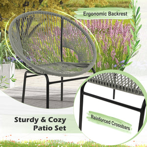 Constructed with sturdy steel pipe featuring high solidness and stability while also being waterproof <br>Made of high-quality plastic rope which has excellent weather resistance and is suitable for outdoor use <br>Chairs with ergonomic backrest for ultra