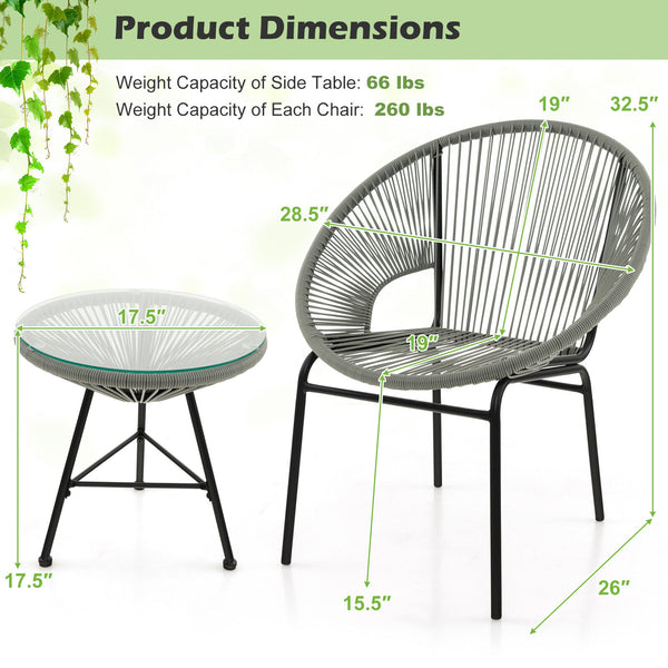 Constructed with sturdy steel pipe featuring high solidness and stability while also being waterproof <br>Made of high-quality plastic rope which has excellent weather resistance and is suitable for outdoor use <br>Chairs with ergonomic backrest for ultra