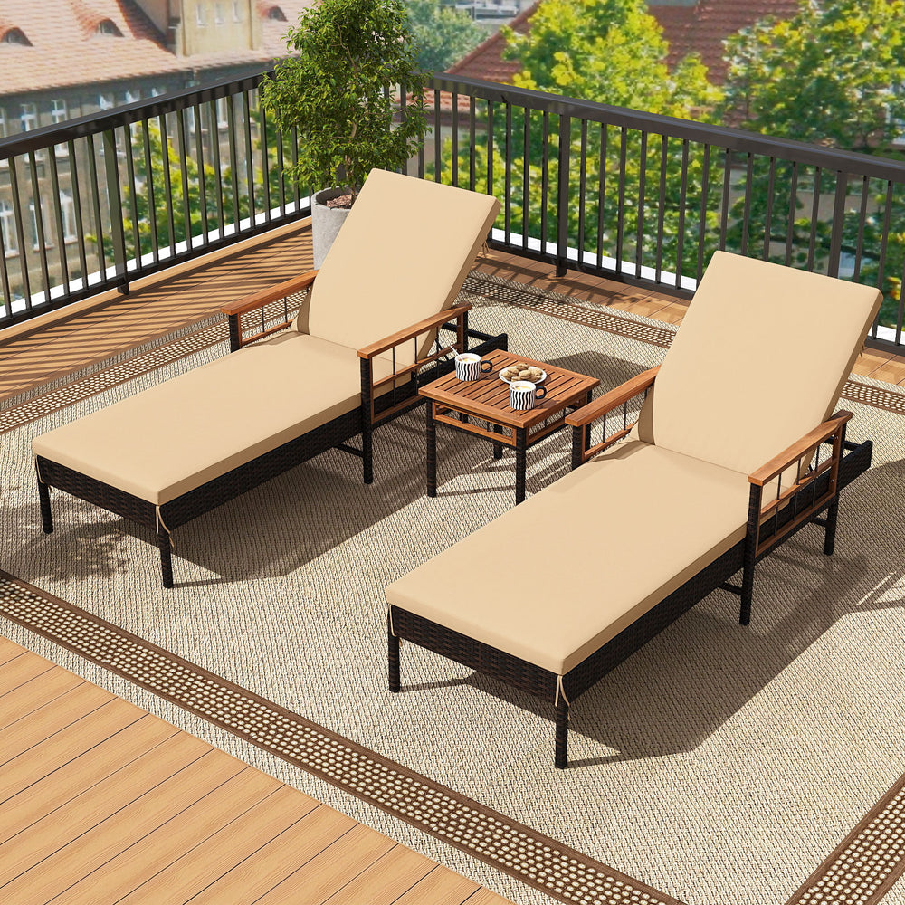 Â Relax at ideal angles with 4-level adjustable backrests<br>Â High-quality PE rattan ensures durability and beauty<br>Â Acacia wood for added sturdiness and elegance to the set<br>Â Soft cushions provide comfort because of fixing ties<br>Â Zip covers mak