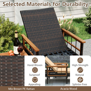 Â Relax at ideal angles with 4-level adjustable backrests<br>Â High-quality PE rattan ensures durability and beauty<br>Â Acacia wood for added sturdiness and elegance to the set<br>Â Soft cushions provide comfort because of fixing ties<br>Â Zip covers mak