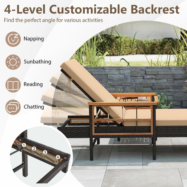 Â Relax at ideal angles with 4-level adjustable backrests<br>Â High-quality PE rattan ensures durability and beauty<br>Â Acacia wood for added sturdiness and elegance to the set<br>Â Soft cushions provide comfort because of fixing ties<br>Â Zip covers mak