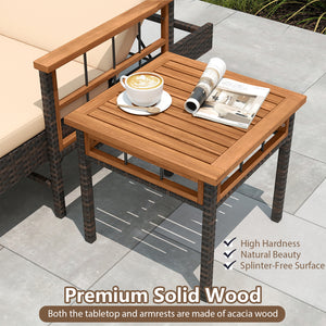 Â Relax at ideal angles with 4-level adjustable backrests<br>Â High-quality PE rattan ensures durability and beauty<br>Â Acacia wood for added sturdiness and elegance to the set<br>Â Soft cushions provide comfort because of fixing ties<br>Â Zip covers mak