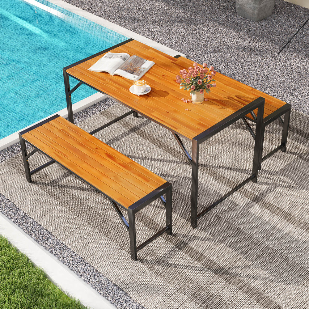 Includes a rectangular table and 2 benches  could hold up to 6 people<br>Crafted of solid acacia wood  sturdy and built to last<br>The robust metal frame ensures strong loading capacity <br>Reinforced by crossbars and stable triangular structures  not eas
