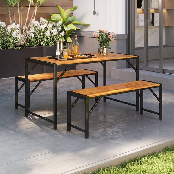 Includes a rectangular table and 2 benches  could hold up to 6 people<br>Crafted of solid acacia wood  sturdy and built to last<br>The robust metal frame ensures strong loading capacity <br>Reinforced by crossbars and stable triangular structures  not eas