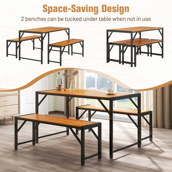 Includes a rectangular table and 2 benches  could hold up to 6 people<br>Crafted of solid acacia wood  sturdy and built to last<br>The robust metal frame ensures strong loading capacity <br>Reinforced by crossbars and stable triangular structures  not eas