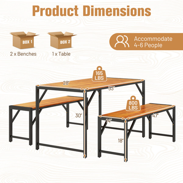 Includes a rectangular table and 2 benches  could hold up to 6 people<br>Crafted of solid acacia wood  sturdy and built to last<br>The robust metal frame ensures strong loading capacity <br>Reinforced by crossbars and stable triangular structures  not eas