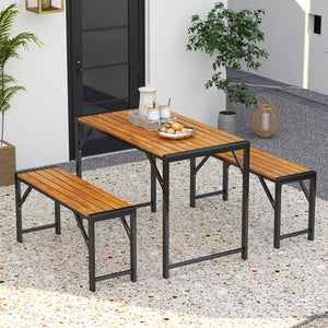 The set includes a rectangular table and 2 benches  could hold up to 4 people<br>Crafted of solid acacia wood  provide strong support  ensure long-lasting durability<br>The robust metal frame provides excellent support and stability<br>Equipped with adjus