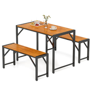 The set includes a rectangular table and 2 benches  could hold up to 4 people<br>Crafted of solid acacia wood  provide strong support  ensure long-lasting durability<br>The robust metal frame provides excellent support and stability<br>Equipped with adjus
