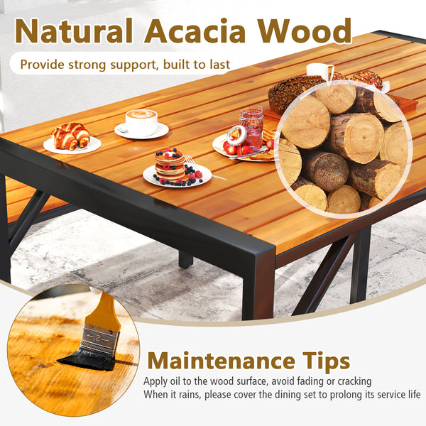 The set includes a rectangular table and 2 benches  could hold up to 4 people<br>Crafted of solid acacia wood  provide strong support  ensure long-lasting durability<br>The robust metal frame provides excellent support and stability<br>Equipped with adjus