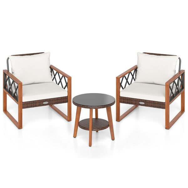 Back and seat cushions filled with soft sponge for added comfort<br>Smooth zippers make it easy to detach and wash the cushion covers<br>Selected acacia wood for sturdy construction and natural beauty<br>Built for lasting use with hand-woven and sun-proof