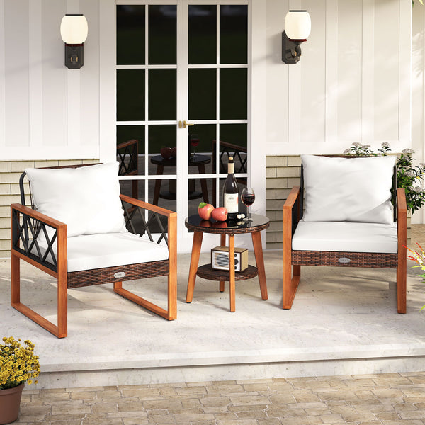 Back and seat cushions filled with soft sponge for added comfort<br>Smooth zippers make it easy to detach and wash the cushion covers<br>Selected acacia wood for sturdy construction and natural beauty<br>Built for lasting use with hand-woven and sun-proof
