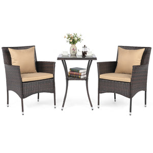Sun-protective and fade-resistant PE rattan for outdoor durability<br>Stable metal frame for sturdy construction<br>Each chair holds up to 400 lbs and the side table supports 100 lbs<br>Reinforced circular ring and adjustable foot pads for extra stability