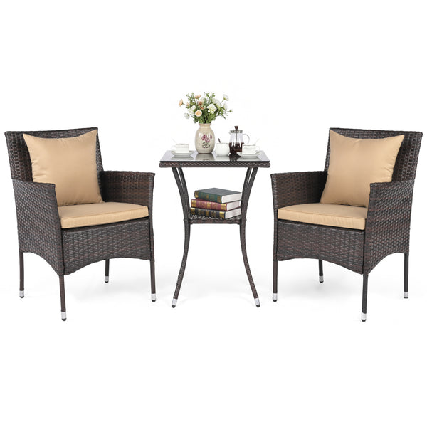 Sun-protective and fade-resistant PE rattan for outdoor durability<br>Stable metal frame for sturdy construction<br>Each chair holds up to 400 lbs and the side table supports 100 lbs<br>Reinforced circular ring and adjustable foot pads for extra stability