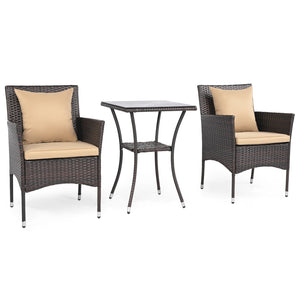 Sun-protective and fade-resistant PE rattan for outdoor durability<br>Stable metal frame for sturdy construction<br>Each chair holds up to 400 lbs and the side table supports 100 lbs<br>Reinforced circular ring and adjustable foot pads for extra stability