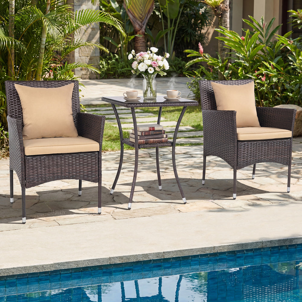 Sun-protective and fade-resistant PE rattan for outdoor durability<br>Stable metal frame for sturdy construction<br>Each chair holds up to 400 lbs and the side table supports 100 lbs<br>Reinforced circular ring and adjustable foot pads for extra stability