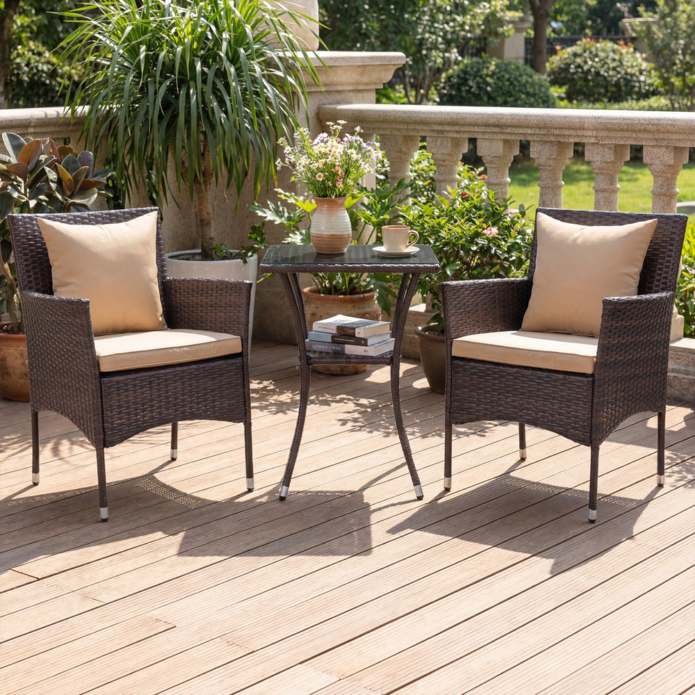 Sun-protective and fade-resistant PE rattan for outdoor durability<br>Stable metal frame for sturdy construction<br>Each chair holds up to 400 lbs and the side table supports 100 lbs<br>Reinforced circular ring and adjustable foot pads for extra stability