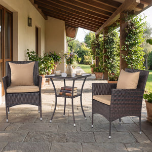 Sun-protective and fade-resistant PE rattan for outdoor durability<br>Stable metal frame for sturdy construction<br>Each chair holds up to 400 lbs and the side table supports 100 lbs<br>Reinforced circular ring and adjustable foot pads for extra stability