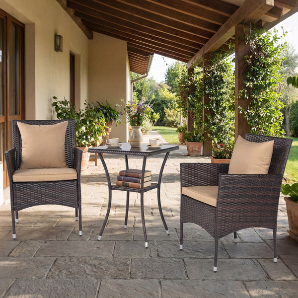 Sun-protective and fade-resistant PE rattan for outdoor durability<br>Stable metal frame for sturdy construction<br>Each chair holds up to 400 lbs and the side table supports 100 lbs<br>Reinforced circular ring and adjustable foot pads for extra stability